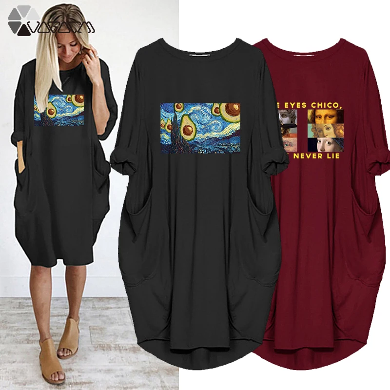 

Plus Size Woman Dress Loose Creativity Print Long Sleeve Pocket o Neck Autumn Party Vintage Vestidos Streetwear Clothes