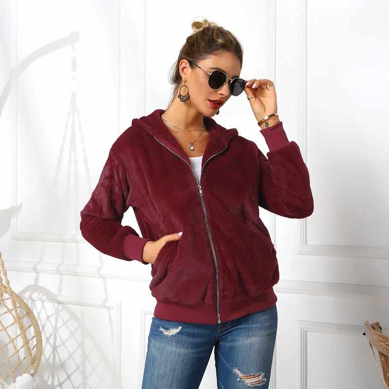 Красный Модные женские флисовые куртки топы ropa mujer женские зимние теплые с капюшоном на молнии повседневные осенние пальто - Цвет: Красный