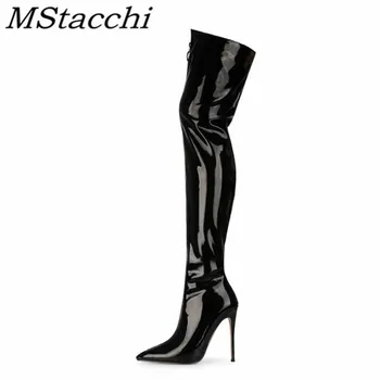 

Mstacchi Patent Leather Matte High Heel Boots Front Zip Fine Heel Solid Color Simple Madam Shoes Botas De Invierno Para Mujer