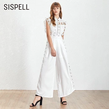 

SISPELL Patchwork Lace For Female Jumpsuits Lapel Collar Sleeveless With Steel Ball High Waist Slim Women's Vintage Jumpsuit New