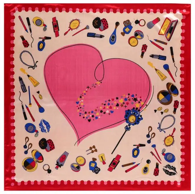 New arrival 90*90cm Luxury Brand Women Silk Scarves Heart and Lipstick Design Square Scarves Spring Summer Shawls For Ladies 2