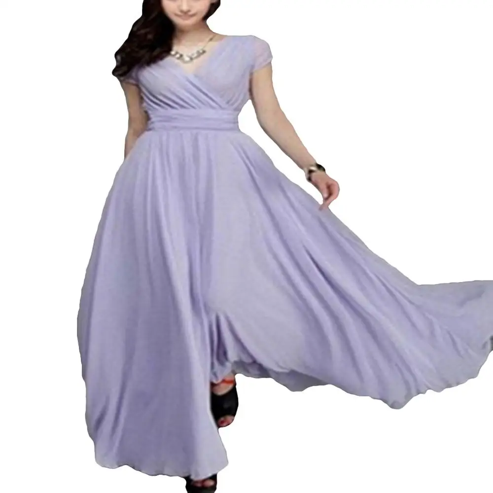 Light Purple Женское длинное шифоновое платье, летнее пляжное макси платье с оборками и коротким рукавом, Повседневное платье с v-образным вырезом, Сексуальные вечерние платья, женское платье - Цвет: Light Purple