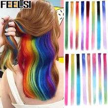 FEELSI цветные хайлайтер синтетические волосы для наращивания клип в один кусок цветные полоски 2" длинные прямые волосы для любителей спорта