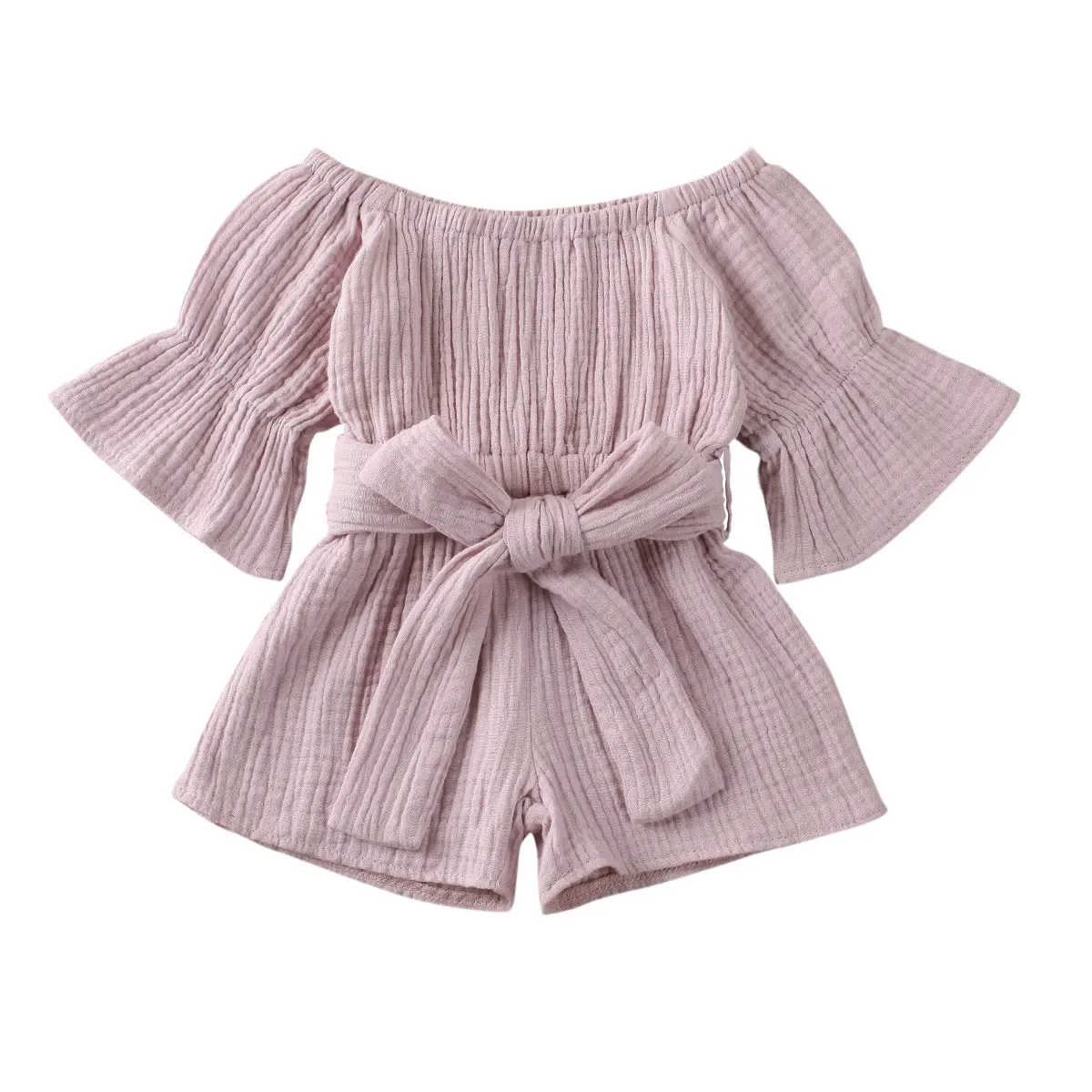 Kid Baby Girls Short Sleeve Off Shoulder Romper Jumpsuit Solid Bow Playsuit Clothing
