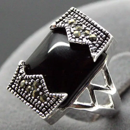 wholesale good 24*13mm 925 SILVER BELT NATURAL OBLONG BLACK AGATE MARCASITE RING SIZE 7/8/9/10 Fine man's jewelry Genuine Wedd |