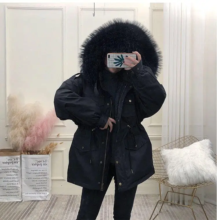 Fitaylor, зимние куртки для женщин, белый утиный пух, большой натуральный мех енота, пальто с капюшоном, парки, женский пояс, завязывается, зимняя верхняя одежда - Цвет: Black  Black Fur A
