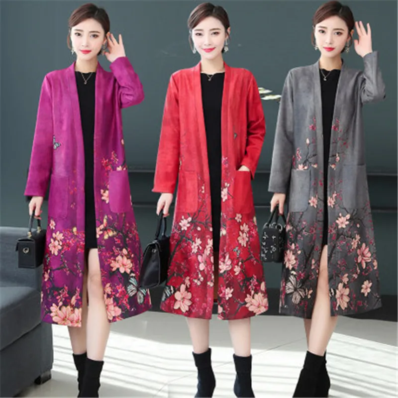 

2020 Ethnic style Plus Size printed Deerskin Cardigan Windbreaker Women's Spring Autumn Coats Retro Suede Long Trench Coat M47