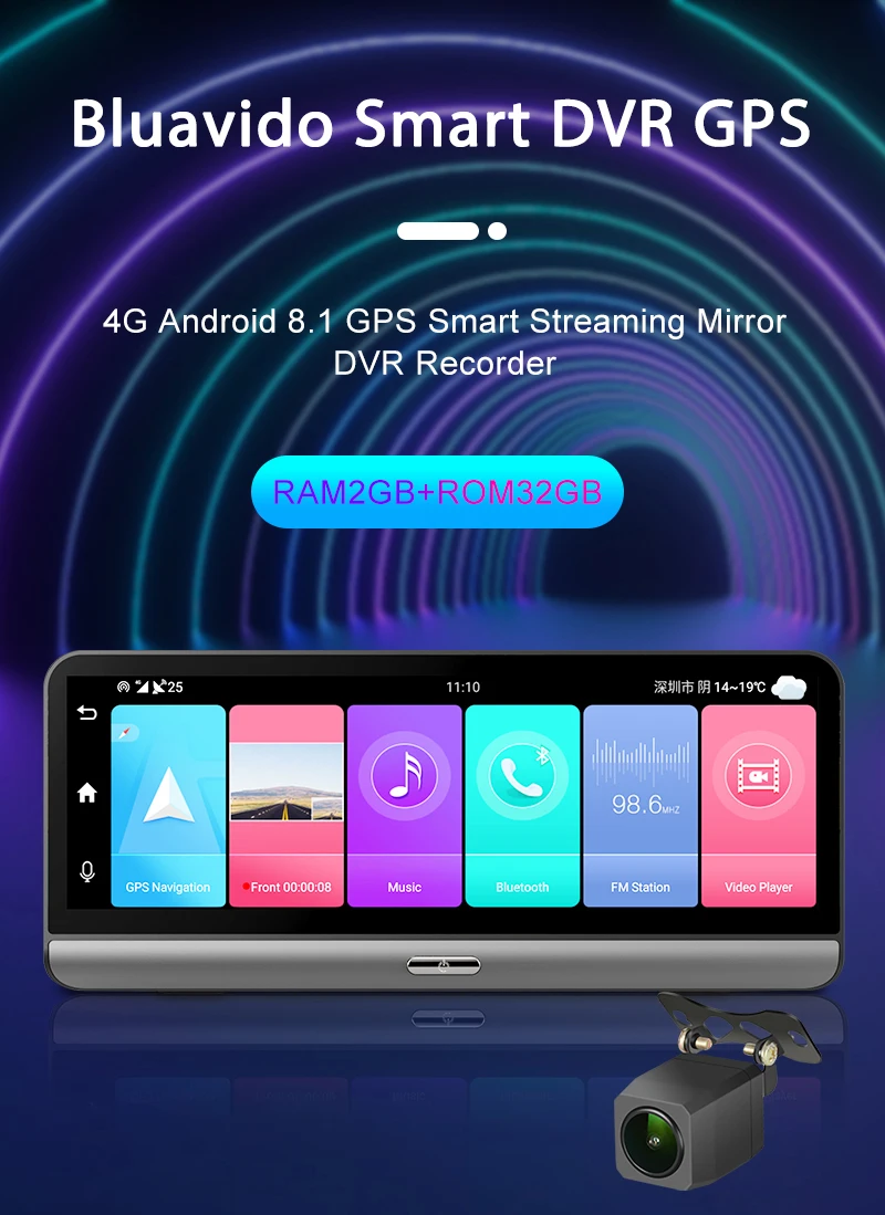 Bluavido 8 дюймов 4G Android Видеорегистраторы для автомобилей Камера GPS навигации ADAS FHD