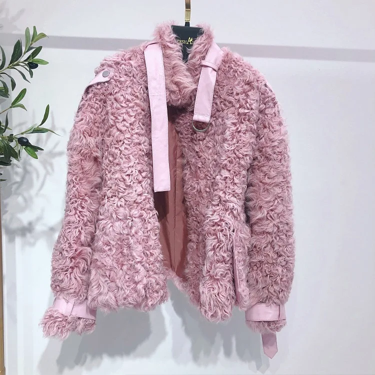 Pudi TX223910 женская зимняя повседневная натуральном овечьем меху куртка, пальто Модные женские натуральная меховая шуба, верхняя одежда - Цвет: pink