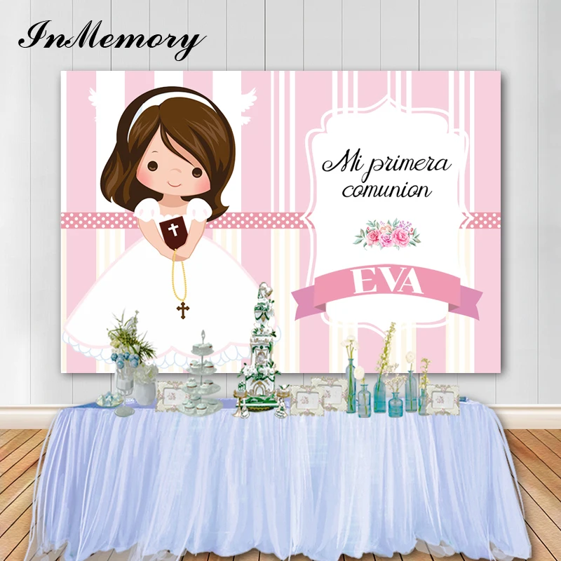 Inmemory Mi Primera Communion Backdrop Pink White Girls Baptism First Holy Communion Party Photography Background Customized