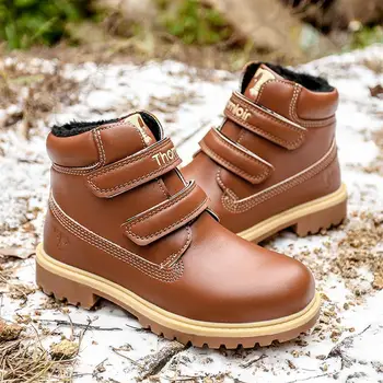 

Kids Plush Lining Short Boots Hook and Loop Smooth Leather Winter Boots Child Walking Keeping Warm Boots