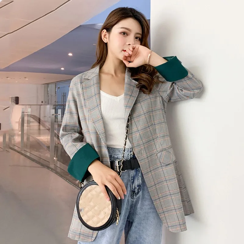 

Women's temperament fashion plaid small suit jacket 2019 autumn new casual loose suit retro British wind jacket