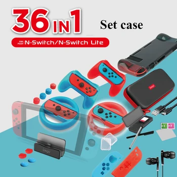

36 in 1 Set Case For Switch / Switch Lite Joycon Grip Steering Wheel Type-c Charging Dock Type- C cable Earphone Joystick Cap