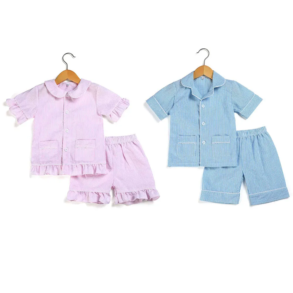  summer girls sleepwear baby kids pyjamas cotton seersucker boys clothes pajama set toddler kid paja