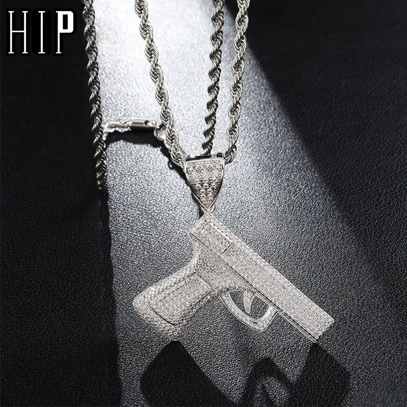 

Hip Hop Bling Iced Out Cubic Zircon GUN Shape Pendants & Necklaces Copper Necklace For Men Jewelry With Tennis Chain