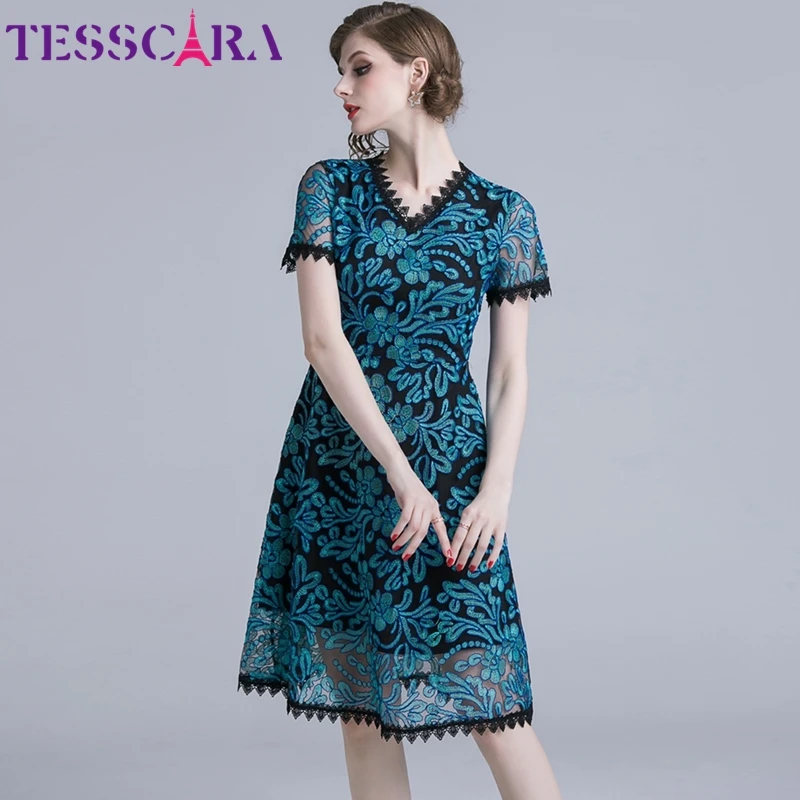 Luxury Blue Dress Embroidery Dress Embroidery Tesscara Women