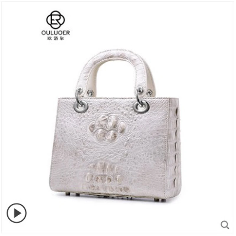 

ouluoer New 2019 imported white leather handbag with crocodile skin for women, cross-body bag with one shoulder women handbag