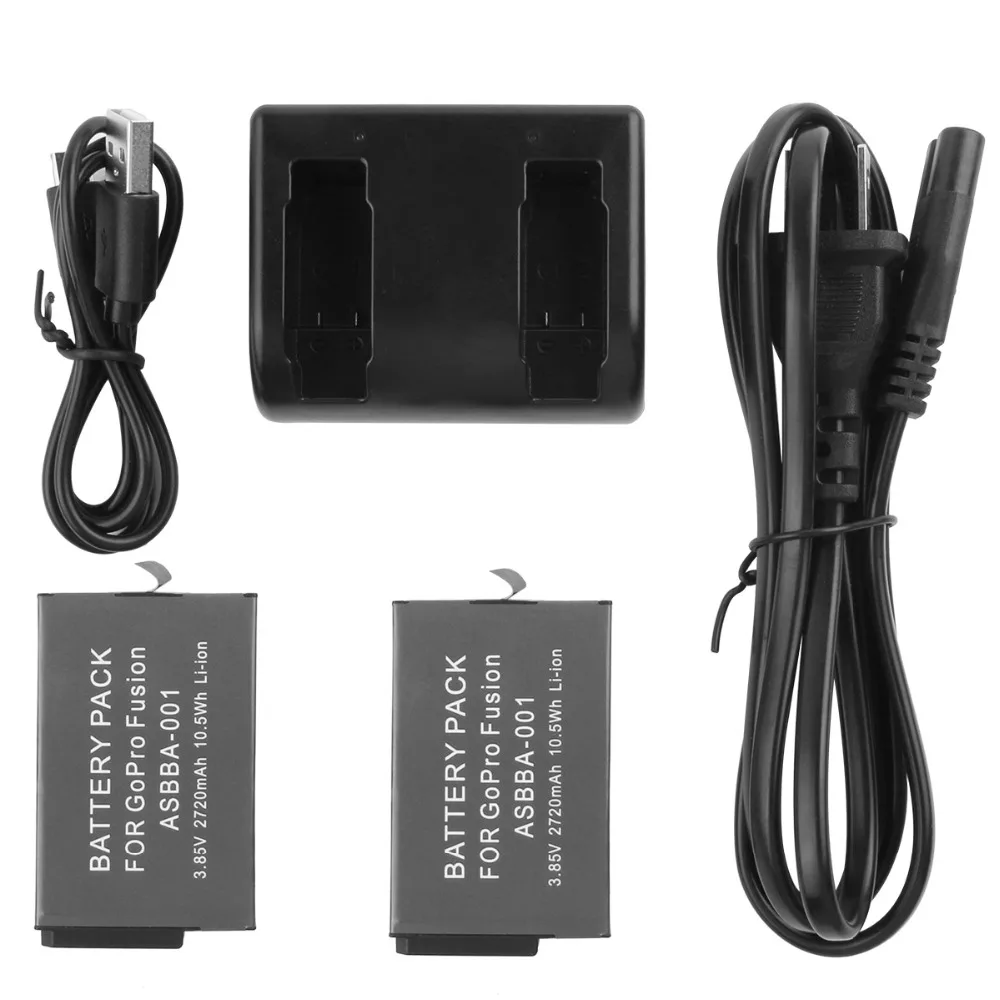 

2Pcs 2720mAh for Gopro Fusion battery+2 Slots Batteries Charger for GoPro Fusion 360Degree Action Waterproof Camera Accessories