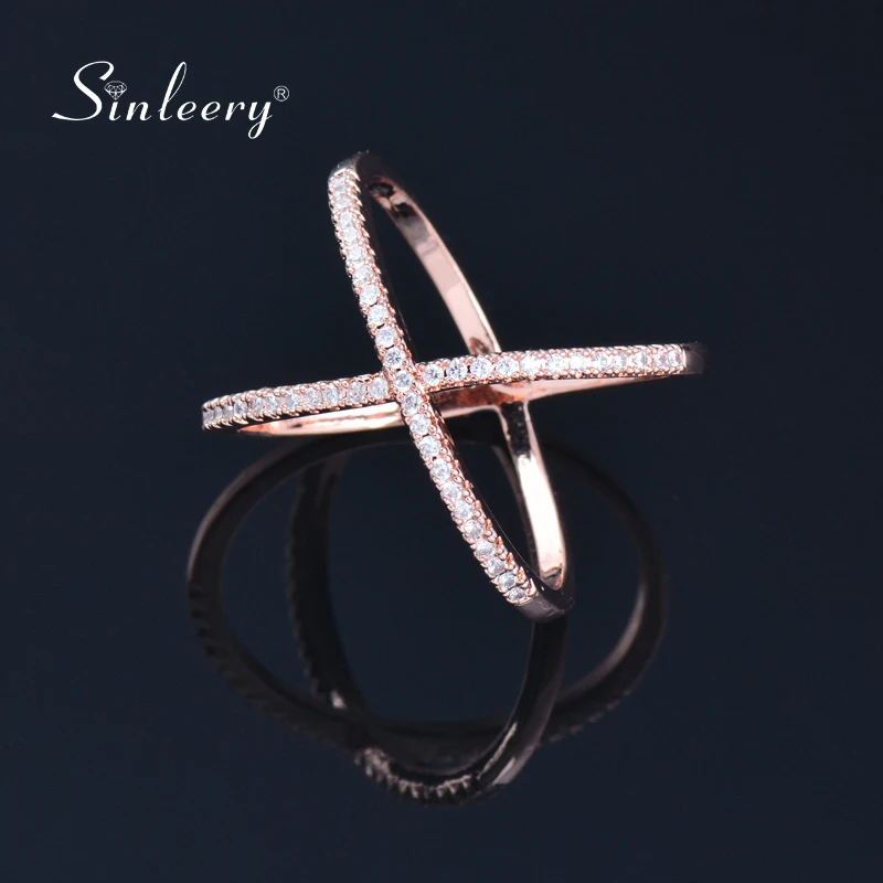 SINLEERY Trendy X Shape Cross Wedding Rings Rose Yellow Gold Silver Color Micro Paved