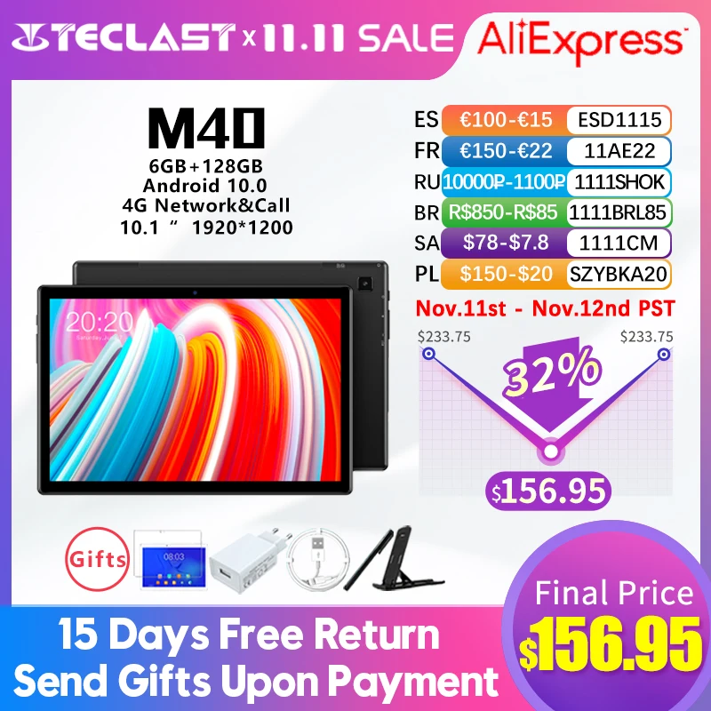 Teclast M40 планшет на Android 10 восемь ядер экран 1 дюйма 6 ГБ + 1920 | Компьютеры и офис