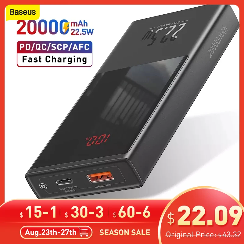 Photo Product Baseus Mini Power Bank 20000mAh 22.5W Quick Charging External Battery Charger Digital Display PD QC Fast Charge Power Bank