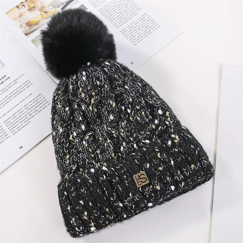 USPOP, новинка, зимние женские вязаные шапки skullies, утолщенные бархатные теплые шапки с подкладкой, шапки с помпоном, женские шапки-бини - Цвет: Черный