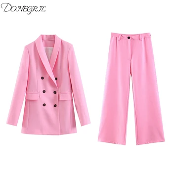 

Pink Blazer 2020 Office Lady Suit Set Double Breasted Long Blazer Jacket High Waist Straight Pants Two Piece Set