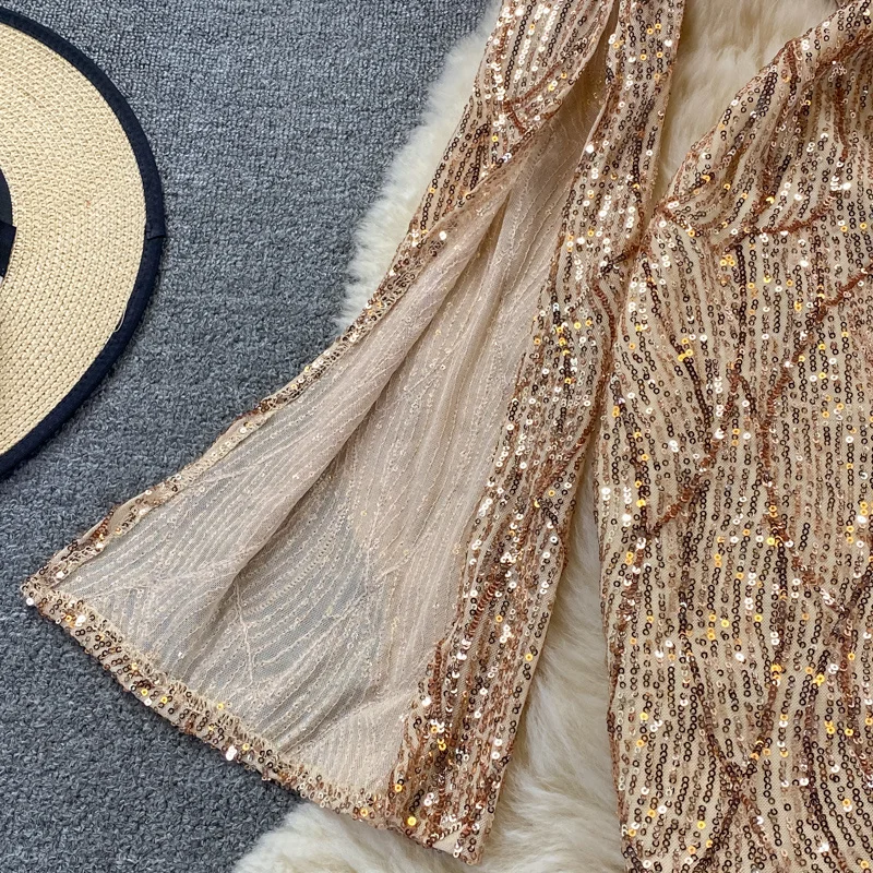 2024 Autumn New Sexy V-neck Gold Sequin Dress Women Long Sleeves Glittering  Party Dress Girl Hip Wrap Bodycon Short Night Dress - AliExpress 200000345