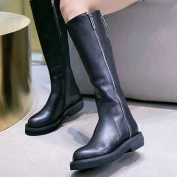 

New Genuine Leather warm black Women's boots 2019 winter fashion Women's boots front zipper Thick bottom Women's boots in tube