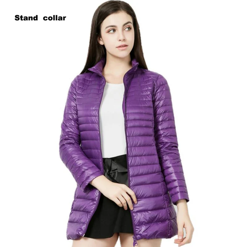 Пуховик для женщин, бренд, зимние теплые куртки, Женская длинная Легкая белая куртка на утином пуху, 5XL 6XL 7XL, сверхлегкие пальто с капюшоном - Цвет: stand collar purple
