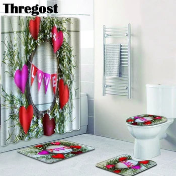 

Thregost Valentine's Day Print Shower Carpet 3Pcs Non Slip Matd Toilet Rugs 3pcs Set Water Absorbent Mats with Shower Curtain