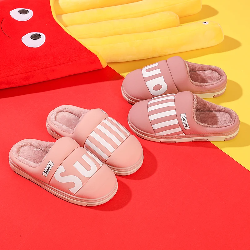 ASIFN Male Slippers with Fur Indoor Cotton Winter Men Waterproof Non-slip Warm Home Half-pack Female Slippers Couple
