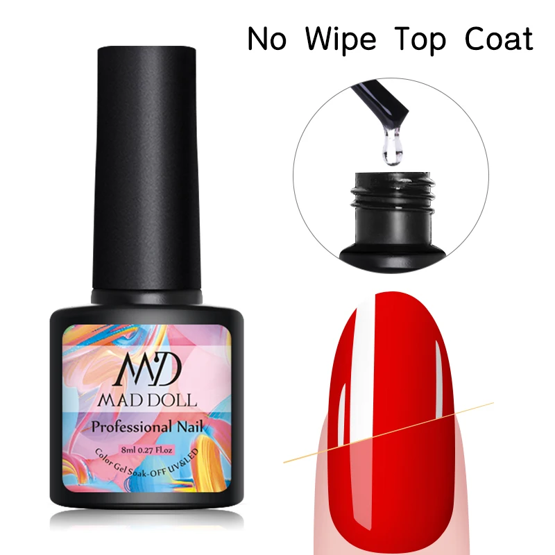 No Wipe Top Coat 2 бутылки, 8 мл, MAD DOLL, УФ-гель для замачивания, розовый, смешанные цвета, блестящая блестка, долговечный гель для ногтей, дизайн «сделай сам», лак - Цвет: No Wipe Top Coat