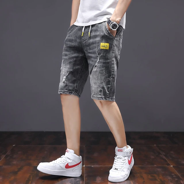 Men's Denim Shorts Summer Loose Straight Knee Length Man Jeanas Shorts  Korean Trendy Leisure Cargo Ripped