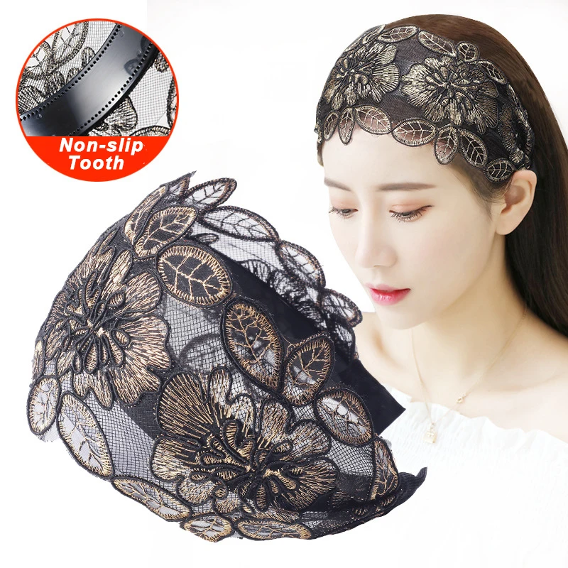 Fascia per capelli con fiori in pizzo Fascia larga per capelli da donna Fasce per capelli dentate antiscivolo Fascia per capelli con castone Accessori per capelli Copricapo - immagine 5