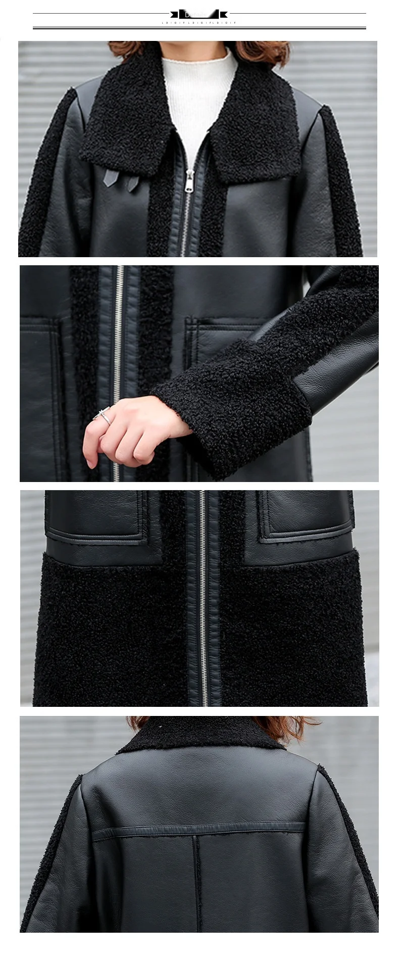 Winter Women Sheepskin Long Coats Thick Eco-leather Lambskin Wool Fur Big Pockets Jackets Splicing Black Motorcycle Outwear Hot