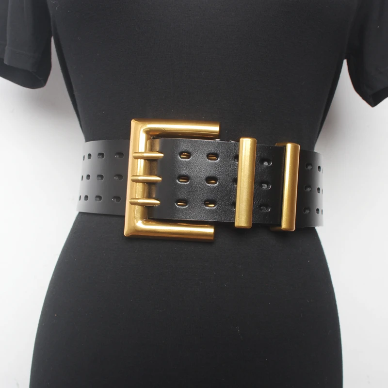 Women's Runway Fashion Genuine Leather Gold Buckle Cummerbunds Female