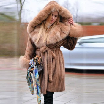 

FURSARCAR Real Mink Fur Coat For Women With Big Fox Fur Trim Of Hood Whole Skin Natural Mink Fur Jackets Female Winter Outwear