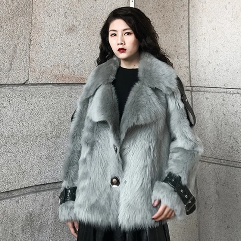 LANMREM новинка 2019 зимнее женское однотонное меховое пальто с отворотом свободное