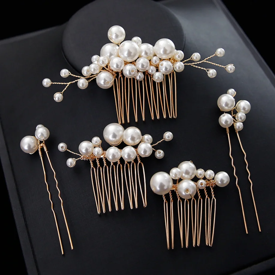 Gold Color Pearl Wedding Hair Combs Hair Accessories for Bridal Flower U Hairpins Headpiece Women Bride Hair Ornaments Jewelry
