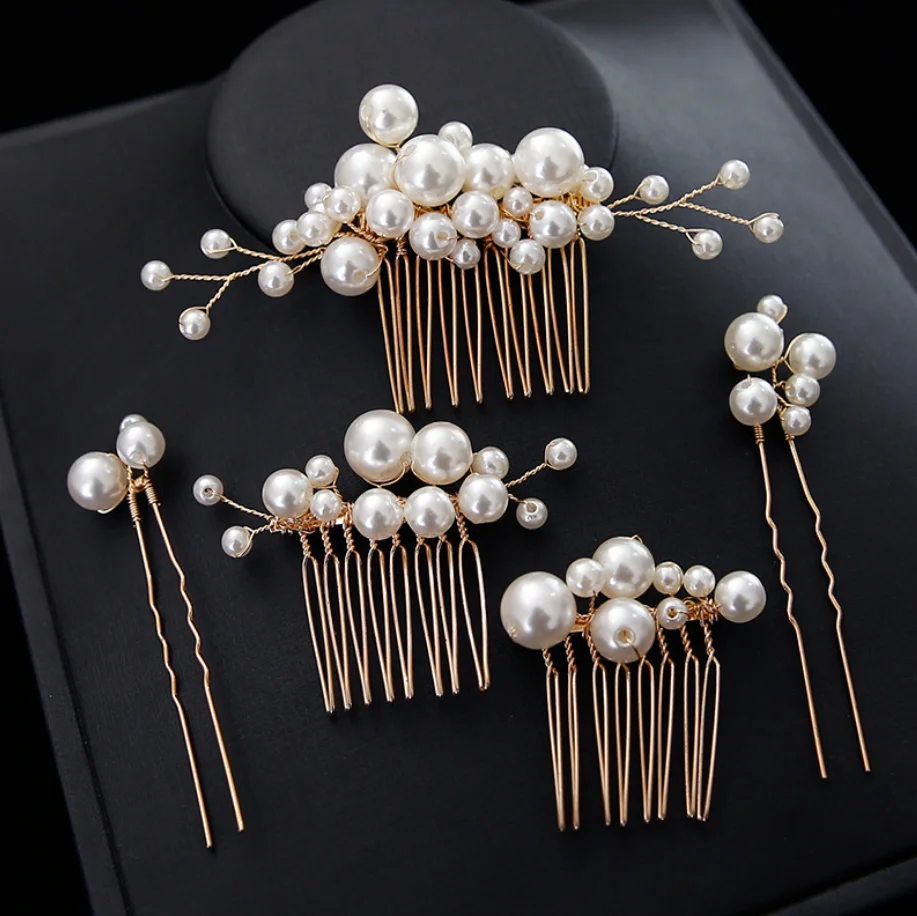 Hair Comb Jewelry Set Hair Accessory Pearl Hairpins Gold Color Pearl Wedding Hair Combs Hair Accessories for Bridal Flower U Hairpins Headpiece Women Bride Ornaments Jewelry