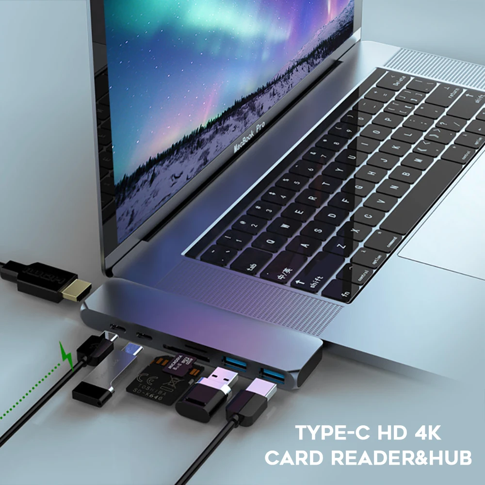 

Vmade USB C Hub USB 3.0 Type C Hub 7-in-1 Multiport Hub Dual USB-C Connectors 4K Video HD Output Port SD/TF for Macbook Pro