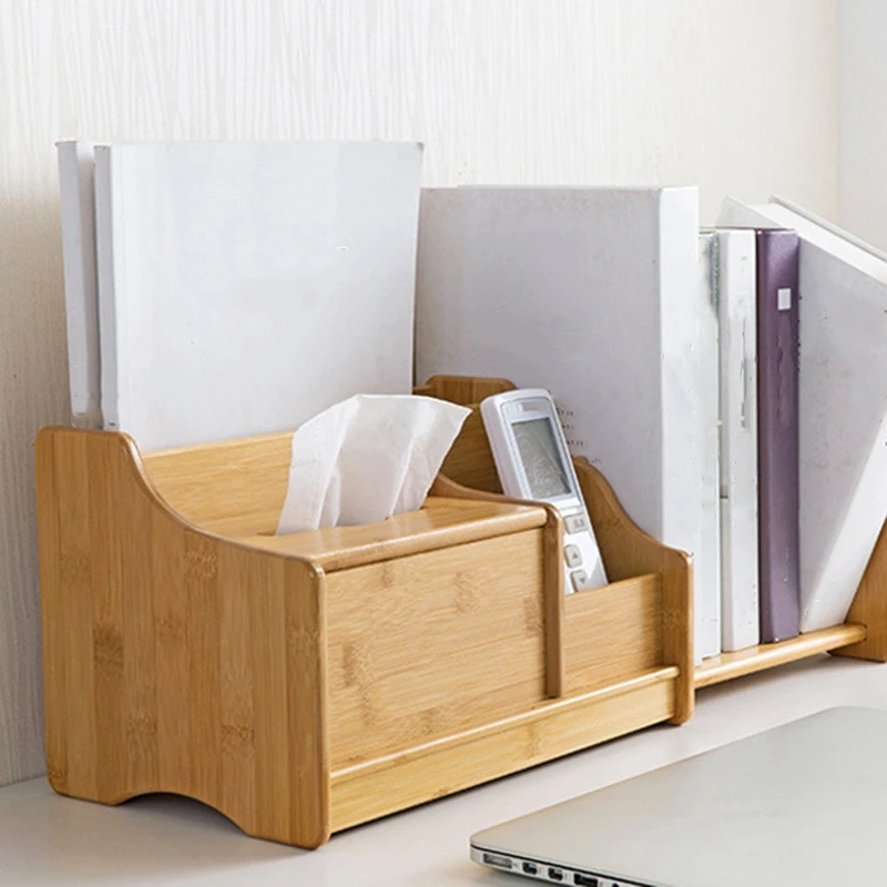  Bamboo Desktop Storage Box Retractable Bookshelf Office Desk Stationery Remote Control Storage Rack
