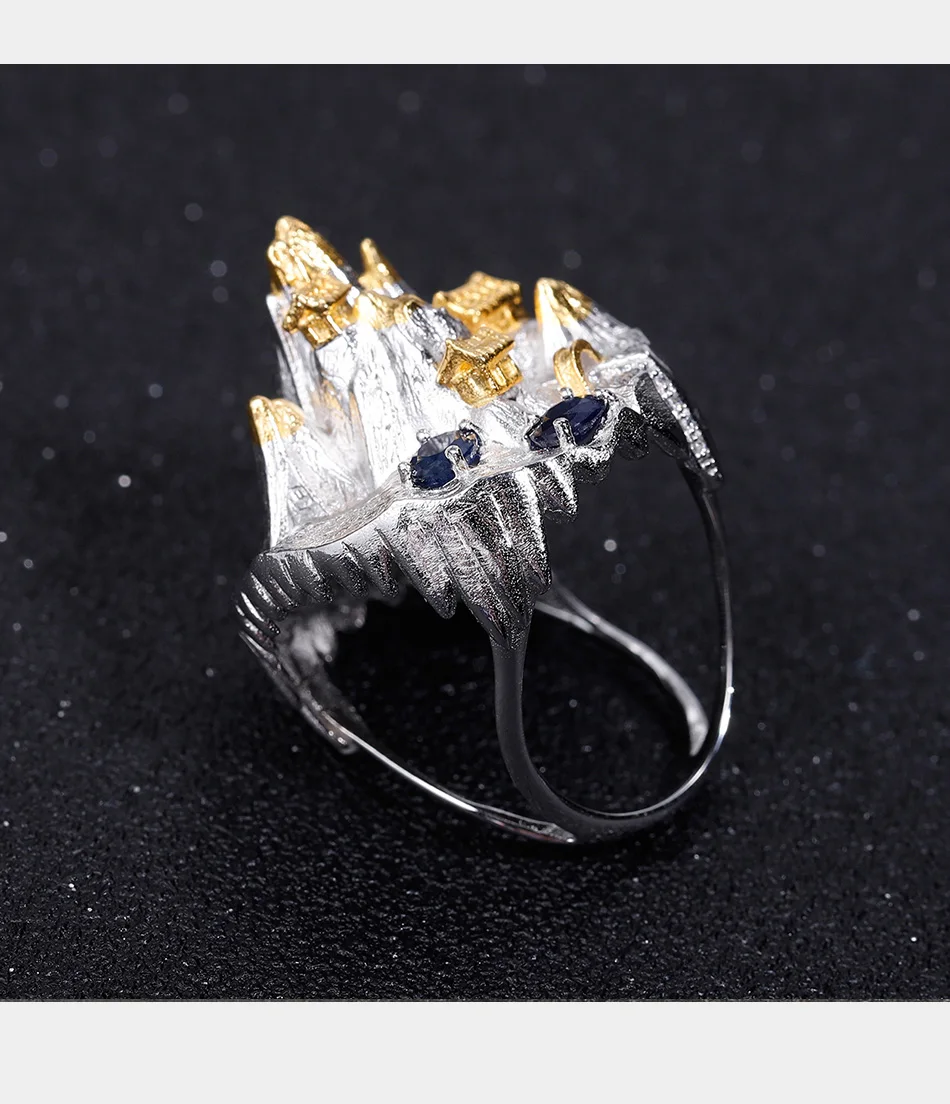 GEM'S BALLET 925 Sterling Silver Temple Mountain Natural Blue Sapphire Handmade Gemstone Rings For Women Halloween Horror Story