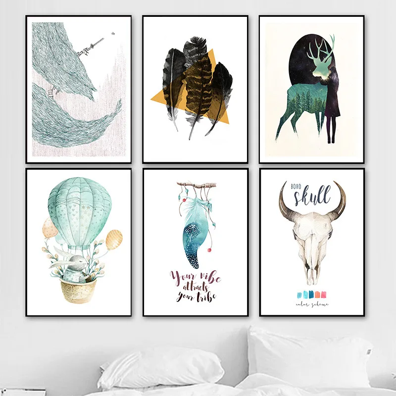 YUMEART Deer Rabbit Goat Animal Wall Art Canvas Painting Nordic Posters Prints Dream Catcher Pictures Baby Kids Room Decor | Дом и сад