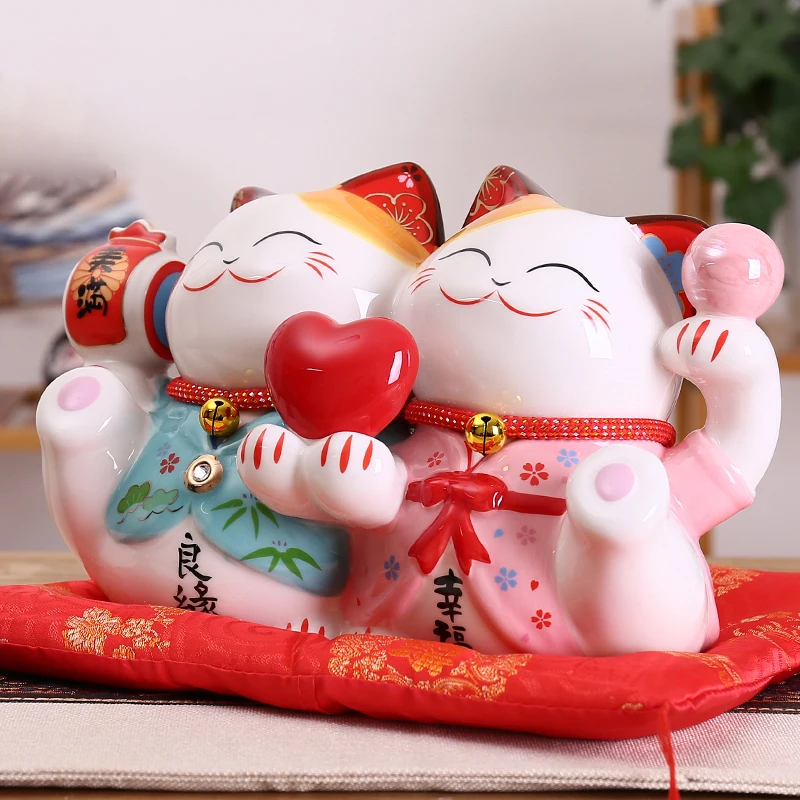 9 дюймов Свадебные Maneki Neko орнамент керамическая пара Lucky Cat подарок для украшения дома фэн шуй Копилка статуя