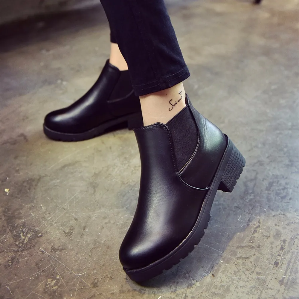 Botas negras de invierno para mujer, botas bajas de cuero con tacón de  bloque Chelsea, botas para mujer|Botas hasta el tobillo| - AliExpress