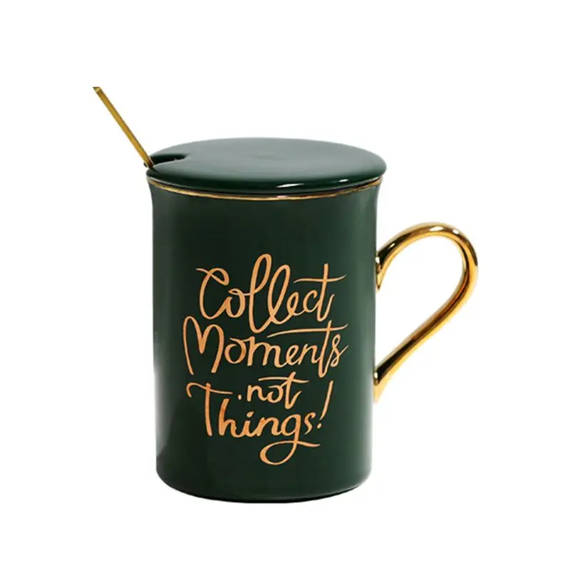 Зеленый Керамическая кружка с крышкой "Collect moments not things", ложка из нержавеющей стали, чайная чашка - Цвет: Зеленый