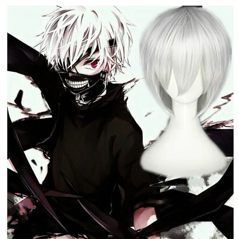 Аниме Токийский костюм упыря играть парики Кен Kaneki Серебряный Белый Короткие волосы парики Хэллоуин косплей реквизит
