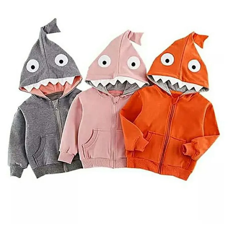 

Childrenswear 2019 New Style Autumn & Winter Hooded Shark Zipper Solid Color Coat Three-Color Selectable